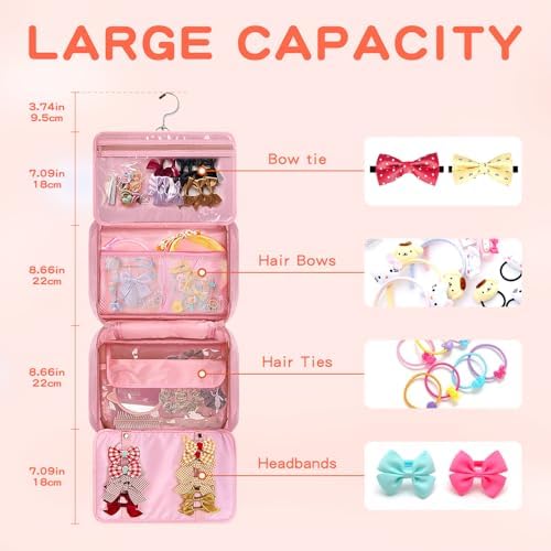 Grekos Hair Accessories Organizer for Girls, Kids Hair Bow Storage Bag, Holds Hair Clips, Headbands, Hair Ties & Scrunchies, Multiple Pockets, Hanging Travel Case, Pink (Bag Only) - Image 4