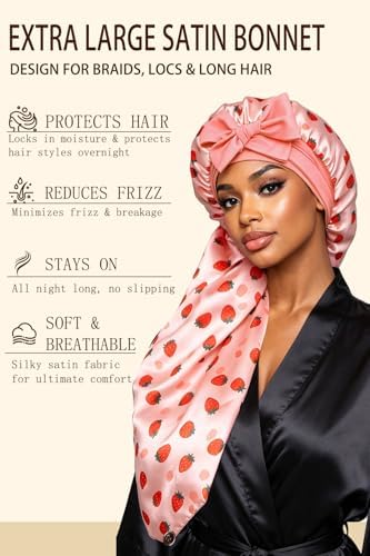 Extra Large Satin Bonnet for Braids Locs & Long Hair No Slip Tie Band Stays On All Night Sleep Cap Won’t Flatten Hair - Image 2