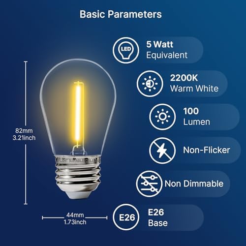 FLSNT 15 Pack Outdoor LED Replacement Bulbs for String Light, S14 LED Hanging Light Bulbs for Patio, Garden, E26 Base, 2200K Warm White, Non-Dimmable - Image 2