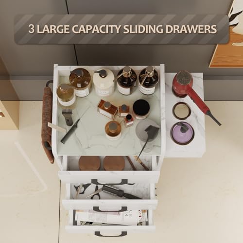 Salon Storage Trolley Cart with Glass Top, Rolling Barber Station (White) - Image 4