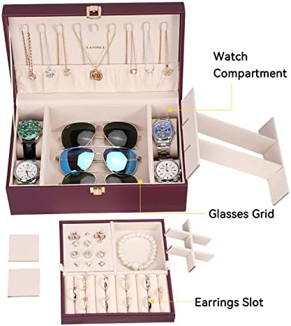 LANDICI 2-Layer Jewelry Box with 4 Watch Slots, Pink - Image 4