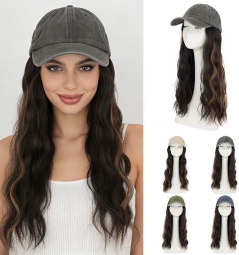 Rich Choices Hat Wigs for Women,Dark Gray Baseball Cap with Hair Extensions for Women,Caps with Wavy Curly Long Hair Attached Adjustable Baseball Cap Wig 18 Inch Highlighted Dark Brown Hair by RichChoices