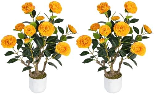 2 Pack Artificial Camellia Tree with White Pot, 24" Faux Potted Plants for Indoor Outdoor Decor, Tall Silk Greenery Plant for Home Office Living Room Balcony, Orange by Jcezvnt