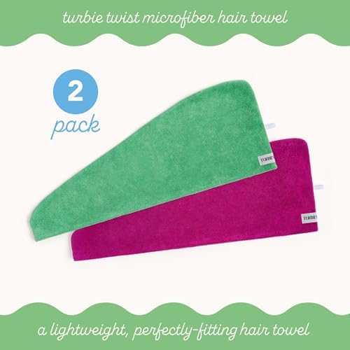 Turbie Twist Microfiber Hair Towel, Kelly Green & Wild Aster (2 Pack) - Image 3