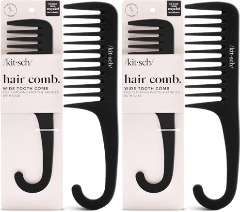 Kitsch Wide Tooth Detangler Comb - Curved Handle for Curly, Wet & Thick Hair, Black Shower Comb for Women (Pack of 2) by Kitsch