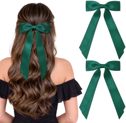 2PCS Green Hair Bows, Large Ribbon Bow Hair Clips for Girls Women Cute Ponytail Holder Accessories for Toddlers Kids Teens by AILEAM
