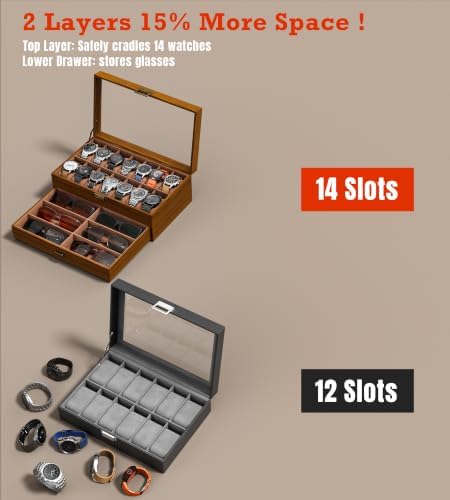 Watch Case Box for Men - Ultra-thin Frame Wide Display 14 Slots 2-Layer Wooden Grain Watch Sunglass Storage Organizer, Real Glass Lid Display Case Gift for Dad Husband - Image 4