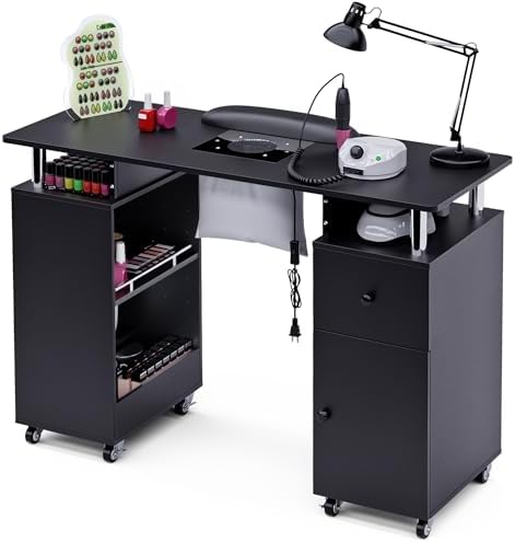 Manicure Table Nail Desk with Dust Collector & Wheels (Black) by HolaiNail