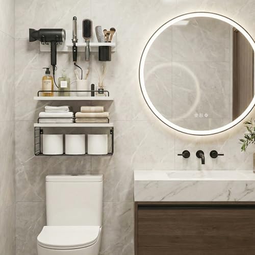 3-Tier Bathroom Floating Shelves with Hair Dryer Holder, White - Image 5