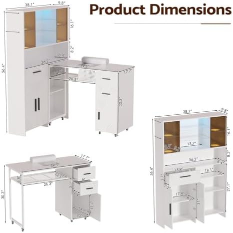 Manicure Table with Dust Collector and LED Display Cabinet (White) - Image 2