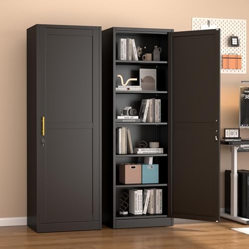 Tall Metal Narrow Bathroom Storage Locker Cabinet 67" H, Black Kitchen Pantry Cabinets,File Cabinet Organizer with 5 Adjustable Shelves and Lockable Doors for Kitchen Home Office Living Dining Room - Image 6