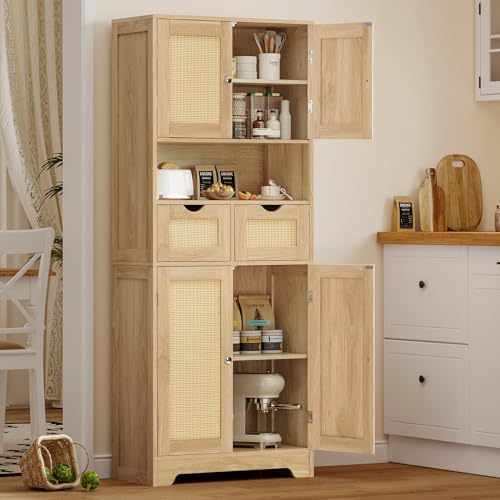 Iwell Tall Storage Cabinet with 2 Drawers & Adjustable Shelves, Rattan Cabinet, Kitchen Storage Cabinet, Pantry Cabinet with 4 Doors, Tall Cabinet for Living Room, Kitchen, Home Office, Natural - Image 2