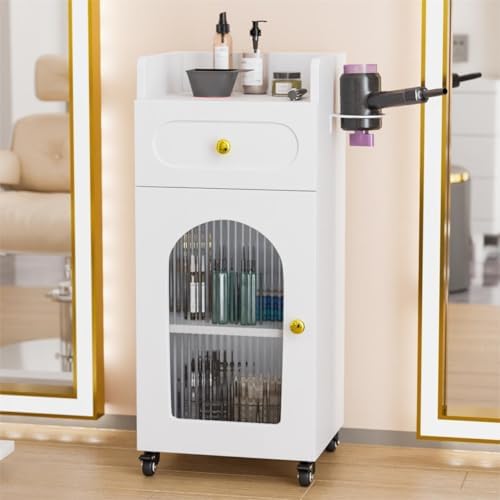 Salon Cart with Wheels, 3 Tier Rolling Beauty Trolley for Hair Stylist, Barber, Esthetician, Storage Cabinet w/Glass Door & Dryer Holder & Adjustable Shelf, Mobile Station for Spa,Tattoo (White) by OmySalon