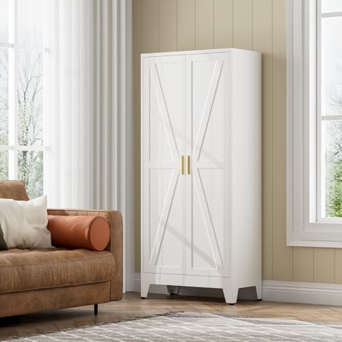 COFaR White Farmhouse Storage Kitchen Pantry Cabinet with 2 Barn Door, 3 Adjustable Shelves and Legs, for Cupboard/Dining Room/Bathroom/Living Room/Office/Laundry Room (White, 61" Farmhouse) - Image 3
