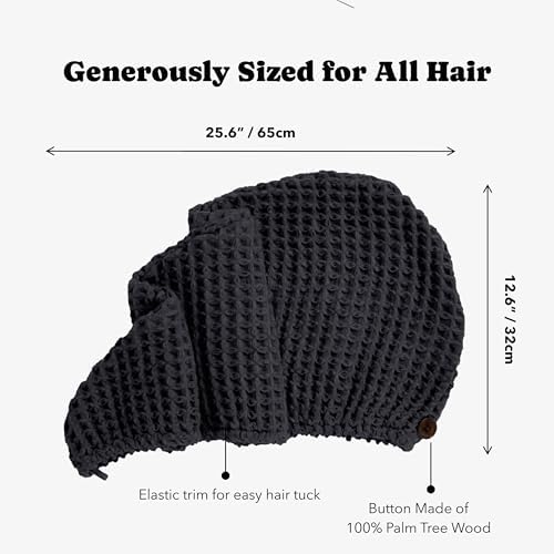 Luxury Organic Japanese Cotton Hair Drying Waffle Towel Wrap for Women | Absorbent, Quick-Dry Head Turban for Shower, Sauna, Spa | Extra Large for Long, Curly, Straight Hair With Button (Black, 1 Pc) - Image 2