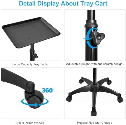 JOSTZHXIN Salon Rolling Tray, Premium Aluminum Tattoo Tray Rolling Cart, Height Adjustable Styling Tray, Service Storage Tray Trolley for Beauty Salon Clinic Spa - Image 4