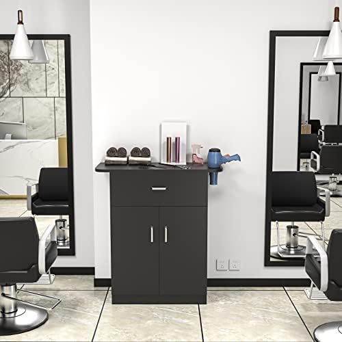 Paddie Barber Cabinet Storage Station, Free Standing Beauty Hair Stations for Salon Barber Utility Unit with Holders Styling Salon Spa Equipment with Drawer and Cabinet(Black) - Image 4