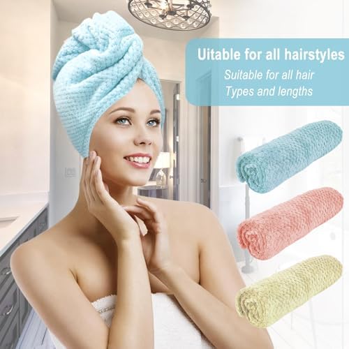 3 Pack Microfiber Hair Dring Towel Wrap for Women,Fast Drying Hair Turban, for All Hair Style Anti Frizz, Large Hair Towel with Button(Yellow Orange Blue) - Image 7