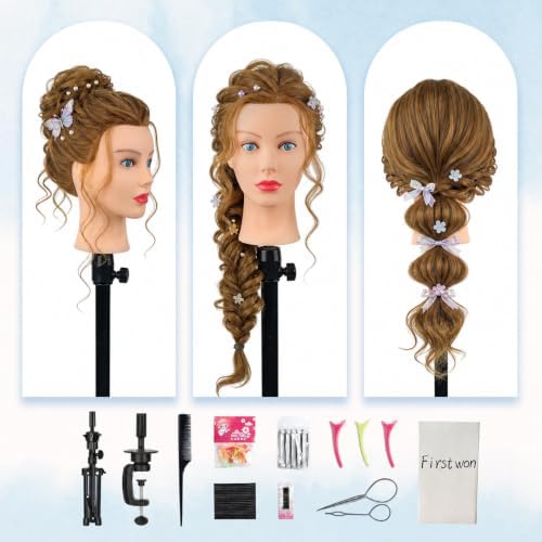 Mannequin Head Human Hair-Cosmetology Manikin Doll Head with 80% Real Hair for Hairdresser Practice Styling Braiding with Tripod Stand & Table Clamp (Amber Brown) - Image 4