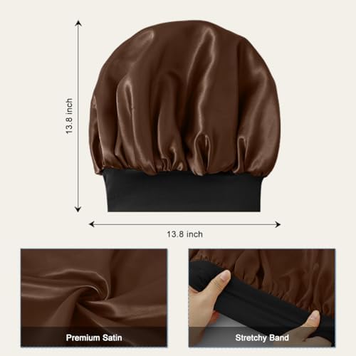 2 PCS Satin Silk Bonnet for Men Women, Hair Bonnet for Sleeping Men with Elastic Band, Large Silk Bonnet for Women Curly Hair Braids (Black+Brown) - Image 3