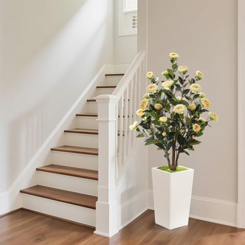 Romantic Season 4FT Artificial Camellia Tree with White Tall Planter, Yellow Faux Camellia Plant Flower Tree for Modern Home Office Living Room Floor Décor Outdoor Indoor，Yellow - Image 6