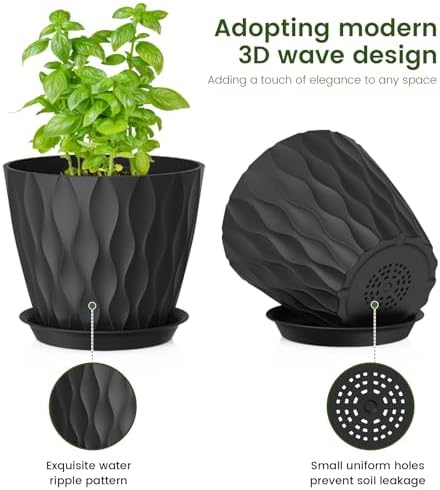 Meowell 7/6.5/6/5.5/5/4.5/4 inch Plant Pots for Indoor Outdoor Plants, 7 Pack Thick Flower Pots with Drainage Holes and Saucers, Modern Wave Texture Plastic Planter Pots for Nursery, Succulent, Black - Image 3
