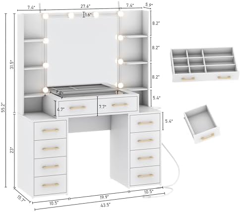 Vanity Desk with Mirror and Lights, 43.5" Large Makeup Vanity with Glass Top and 9 Drawers, Makeup Table with Charging Station & Drawer Dividers, Modern Bedroom Dressing Table for Women & Girls, White - Image 2