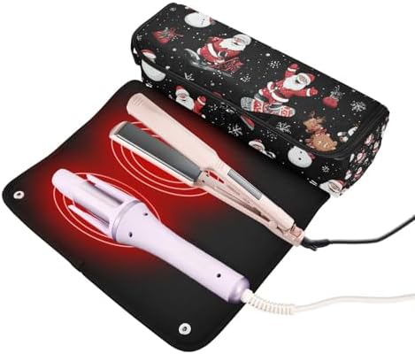 Hair Tools Travel Bag with Heat Resistant Mat 2-in-1 Hot Tools Travel Bag Organizer Flat Curling Iron Travel Case for Straightener Black Santa Claus Snowmen Deer - Image 2