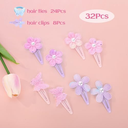 32 Pcs Toddler Sparkly Hair Ties Hair Clips for Girls Baby Hair Bows Flower Elastics Baby Hair Ties Ponytail Colorful Bow Hair Clip Cute Flower Scrunchies Hair Accessories - Image 4