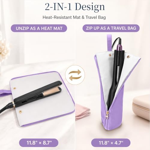 Hot Tools Travel Bag with Heat Resistant Mat, 2-in-1 Hair Tools Organizer Bag for Curling Iron, Flat Iron, Portable Holder & Mat with Cord Pocket for Home Travel(Purple) - Image 2