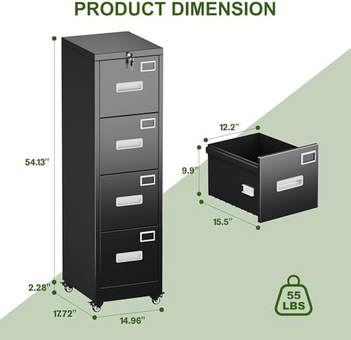 Aobabo 4 Drawer Metal File Cabinet with Lock and Wheels, Black - Image 2