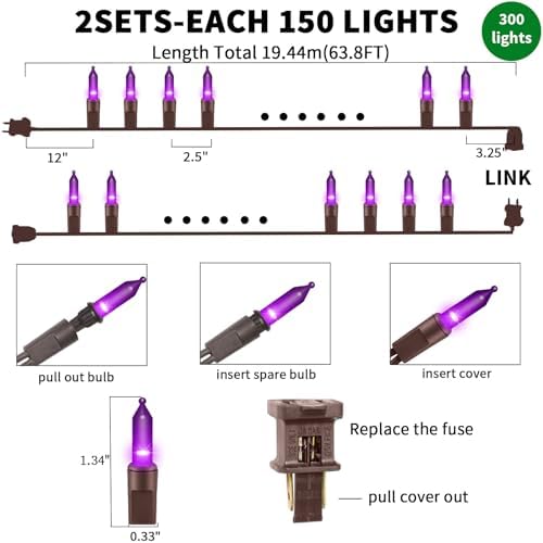 Ultra-Bright Connects End to End Purple Christmas Mini Lights 300L 63.8Ft(2Sets-Each 150L)UL Listed Incandescent Bulb String Light for Indoor Outdoor Halloween Home Garden Party Tree Decor - Image 3