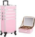 mefeir 4-in-1 Rolling Makeup Train Case with Cosmetic Bag & Lighted Mirror, for Hair Stylists & Makeup Artists, Aluminum Travel Organizer on Wheels, Lockable Beauty Storage Suitcase (Pink) by OmySalon