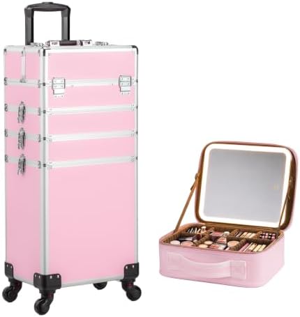 mefeir 4-in-1 Rolling Makeup Train Case with Cosmetic Bag & Lighted Mirror, for Hair Stylists & Makeup Artists, Aluminum Travel Organizer on Wheels, Lockable Beauty Storage Suitcase (Pink) by OmySalon