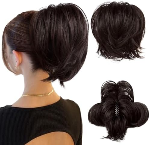 HOOJIH Ponytail Extension, Claw Clip in Straight Hair Bun Messy Bun 9 Inch Short Ponytail Extension with Bendable Metal Wire Hair Pieces for Women Fake Hair Bun DIY Styles - Dark Brown by HOOJIH
