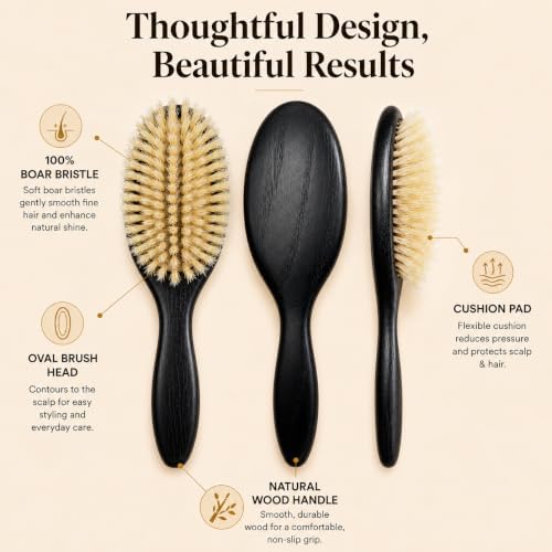 100% Boar Bristle Hair Brush for Fine Hair, Soft Boar Bristle Oval Cushion Brush for Girls & Women with North American Oak Wood Handle, Wide Tooth Comb & 2-in-1 Cleaning Tool for Daily Shine, Black - Image 3