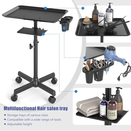 Salon Tray Cart with Storage Platform, Aluminum Tattoo Tray with Wheels Adjustable Height Salon Tray Equipment Services Instrument Storage Tray Accessories for Salon and Spa, Black - Image 4