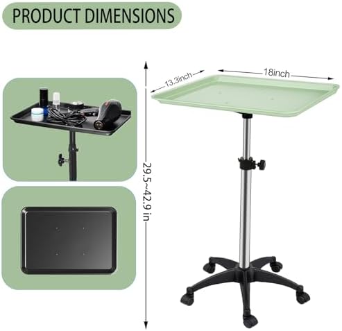 Salon Rolling Tray, Height Adjustable Tattoo Tray Rolling Cart, Storage Utility Trolley for Spa, Beauty Salon Service, Hairdresser Cart with Wheels, Black (Green) - Image 5