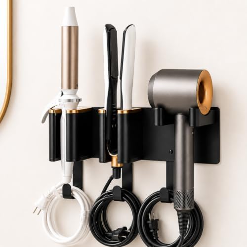 Hair Tool Organizer Wall Mount, 3 in 1 Vanity Organizer Hair Dryer and Curling Iron Holder, Curling Iron Holder Wall Mount, Blow Dryer Wall Mount Holder Black Gold Aluminum Alloy ABS by genyen+eye
