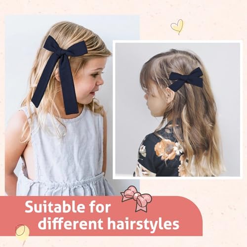 DEEKA Navy Cotton Linen Hair Bows 2 Sizes 5"&3.5" Soft Hair Bow set for Toddler Girls Long Ponytail Knot Bows Alligator Clip Hair Accessories for Little School Girls (Navy) - Image 4