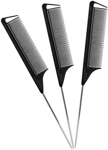 Rat Tail Combs Set: 3-Pack Teasing Styling Combs with Long Steel Pins for Women, Parting Combs for All Hair Types (Black) by Kunihiko