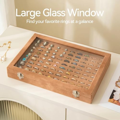 Frebeauty 100 Slots Ring Organizer Tray,Velvet Ring Box with Clear Lid - Image 4