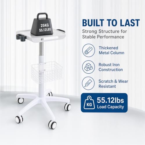 Medical Mobile Cart, 33.46-43.71in Height Adjustable Metal Trolley Cart with Medical Tray Wheels Rolling Equipment Large Tabletop & Storage Basket for Laptop Hospitals Scanner Ultrasound EKG - Image 3