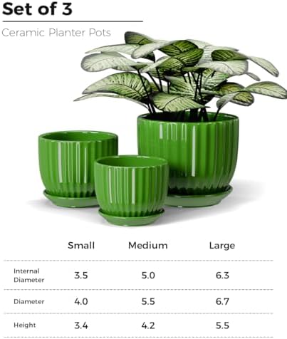 Green Plant Pots,Ceramic Planters with Drainage Holes & Saucers Set of 3 - Image 3