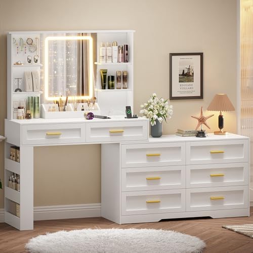 ELYKEN Makeup Vanity Desk with Mirror and Lights, White Dresser Combo by ELYKEN