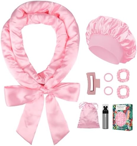 Gwabee Satin Heatless Curls Overnight Hair Curlers to Sleep In Hair Curler Rollers No Heat Hair Wrap for Curls Headband, 70" Satin Heatless Curling Rod Set for Women Long Waves Hair Volume -Pink 9PCS by Gwabee