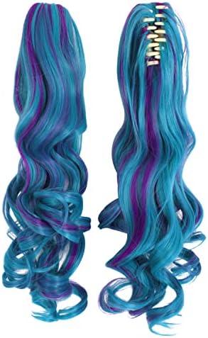 MapofBeauty Lolita Long Curly Clip on Ponytails Cosplay Wig, Purple/Teal - Image 6