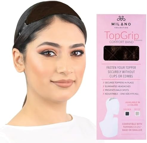MILANO COLLECTION Glueless Top Grip for Hair Topper & Wiglets, Adjustable Translucent Strap with Side Openings, Top Headband for Your Wig or Topper, Includes Clips, Brown, Small by MILANOCOLLECTION
