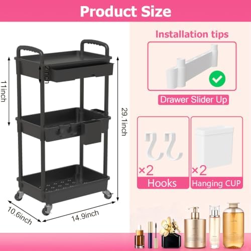 REBECAT 3 Tier Rolling Makeup Cart Cosmetic Display Organizer with Drawer - Image 2