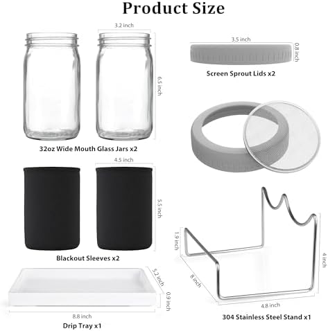Organic Seed Sprouting Jar Kit – 2 × 32 oz Wide-Mouth Mason Jars with Stainless-Steel Sprouter Lids & Stand, Blackout Sleeves, Drain Tray – Grow Broccoli, Alfalfa & Bean Microgreens - Image 2